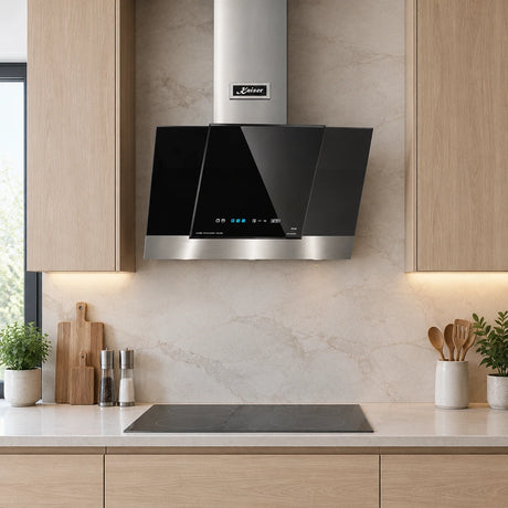 Kaiser 60cm black glass angled cooker hood installed above a cooktop in a contemporary apartment kitchen