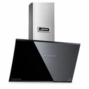 Kaiser Avantgarde Pro AT 6488 Eco 60cm angled cooker hood with black glass canopy and steel chimney on a white background.