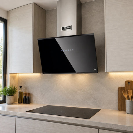 Kaiser AT 6488 Eco black-glass angled cooker hood installed above a hob in a contemporary apartment kitchen.