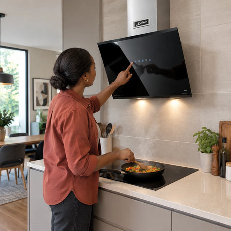 African American home cook operating the Kaiser AT 6488 Eco hood while preparing vegetables in a contemporary kitchen.
