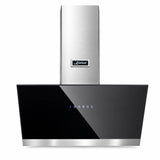 Kaiser AT 9440 Eco 90cm cooker hood with black bevelled glass and steel chimney on a white background