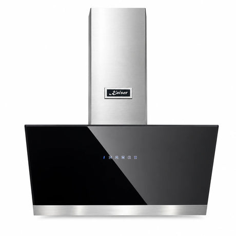Kaiser AT 9440 Eco 90cm cooker hood with black bevelled glass and steel chimney on a white background