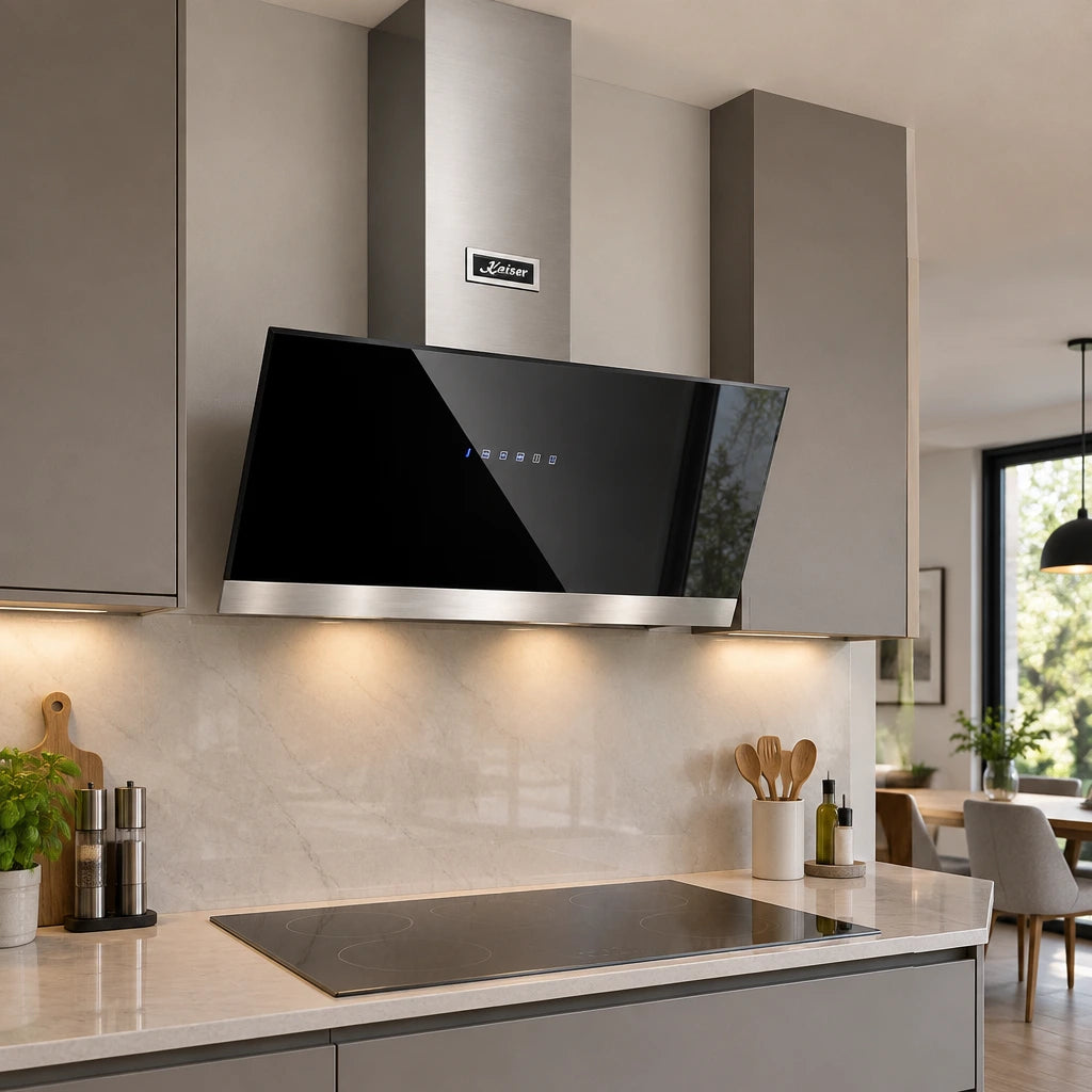 Kaiser black glass cooker hood installed above the hob in a contemporary open-plan kitchen