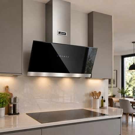 Kaiser black glass cooker hood installed above the hob in a contemporary open-plan kitchen