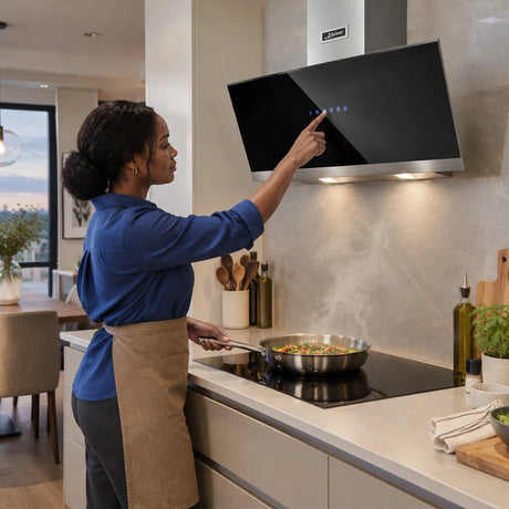 African American home cook adjusts the Kaiser black glass hood while preparing food on the hob