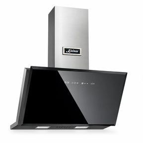 Kaiser Avantgarde Pro 90cm black bevelled-glass and steel chimney cooker hood on a white background