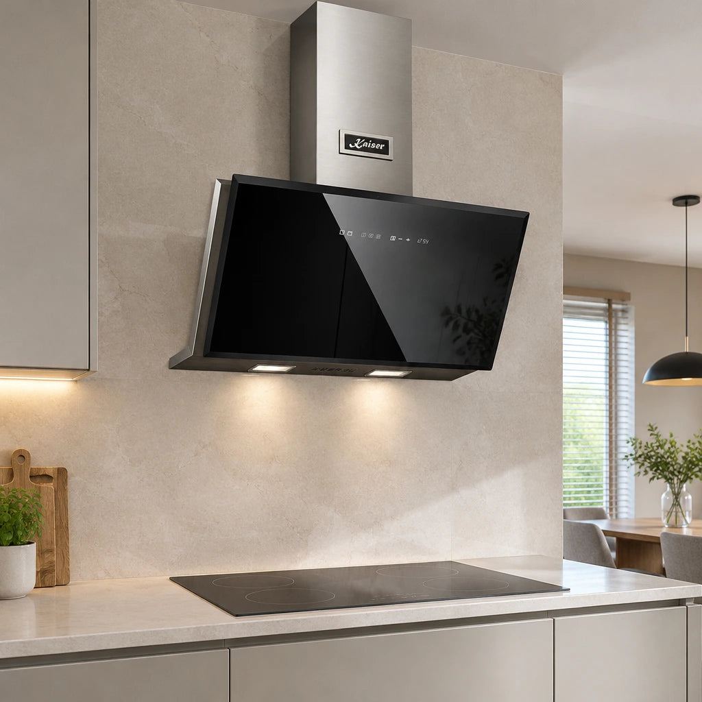 Kaiser Avantgarde Pro black-glass chimney hood installed above a hob in a contemporary apartment kitchen