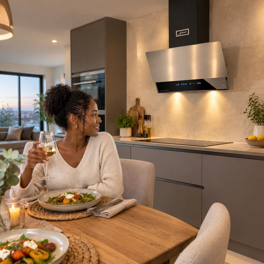 Finished meal beside a clean hob with the Kaiser steel and black cooker hood visible in a calm kitchen