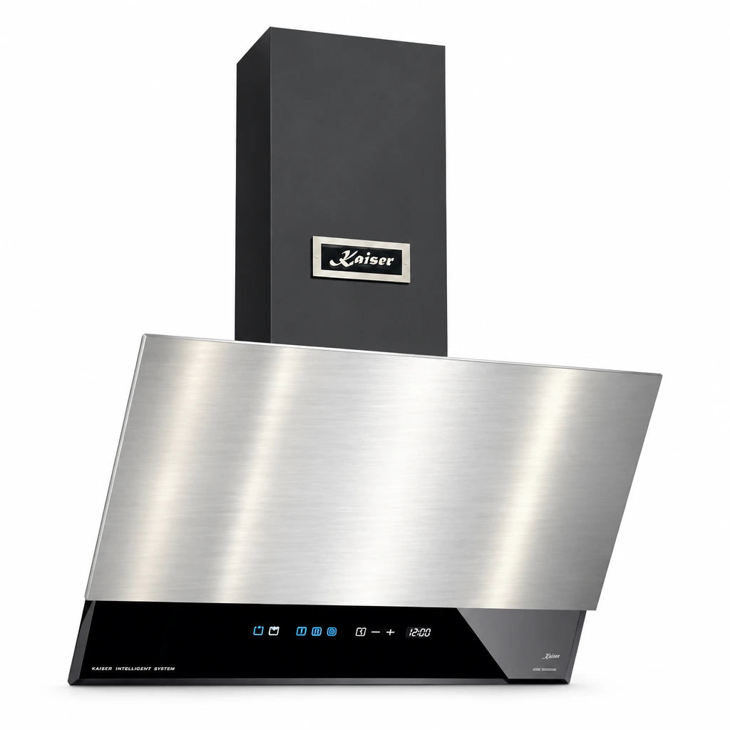 Kaiser Avantgarde Pro 60cm steel and black angled glass cooker hood with front controls