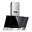 Kaiser Grand Chef 80cm Eco cooker hood with black bevelled glass and stainless-steel chimney on a white background.