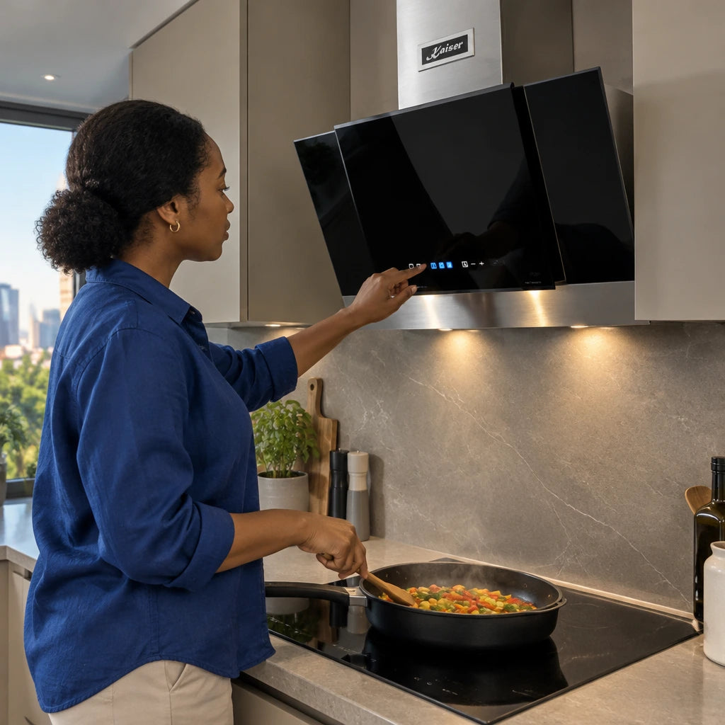 Home cook adjusts the Kaiser black glass cooker hood while searing vegetables on a kitchen hob.