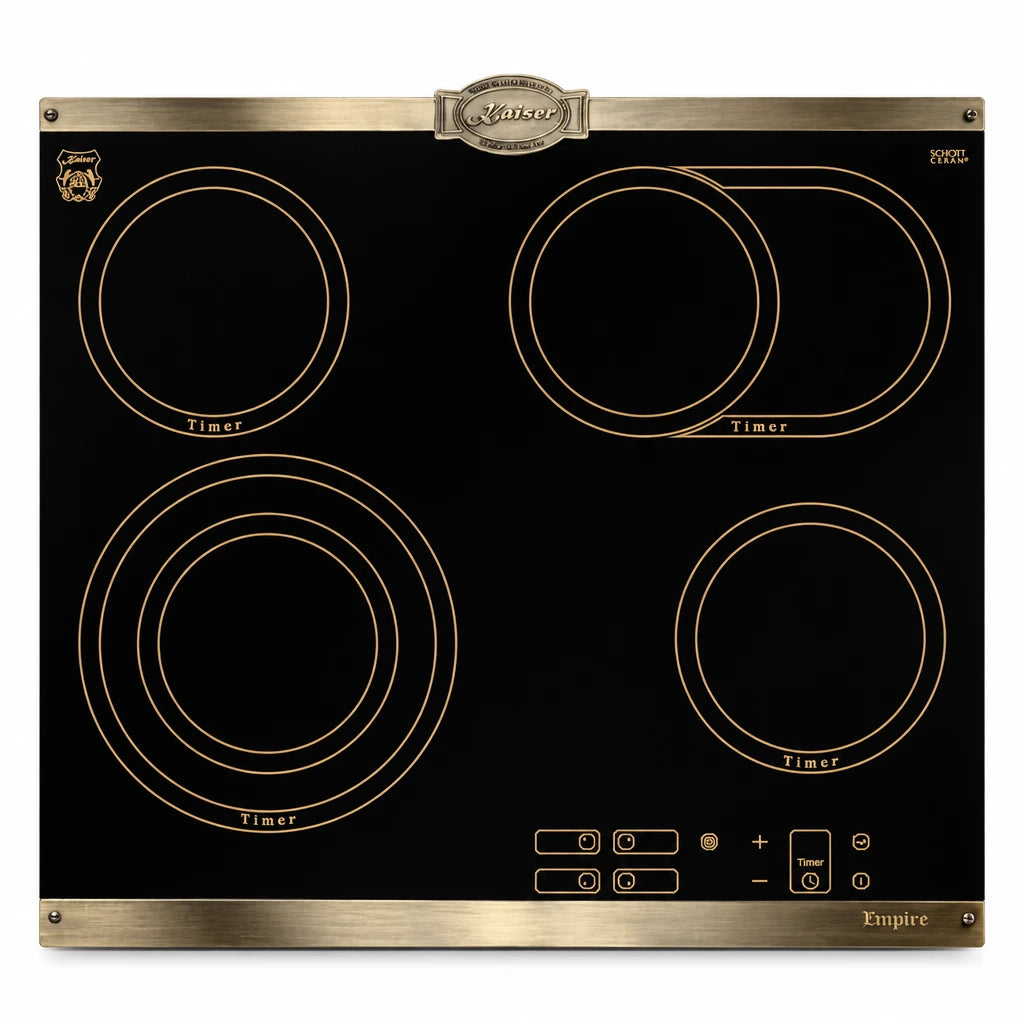Kaiser Empire KCT 6385 Em 60cm black ceramic hob with four bronze-outlined cooking zones and front touch controls on a white background.