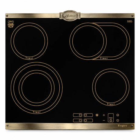 Kaiser Empire KCT 6385 Em 60cm black ceramic hob with four bronze-outlined cooking zones and front touch controls on a white background.