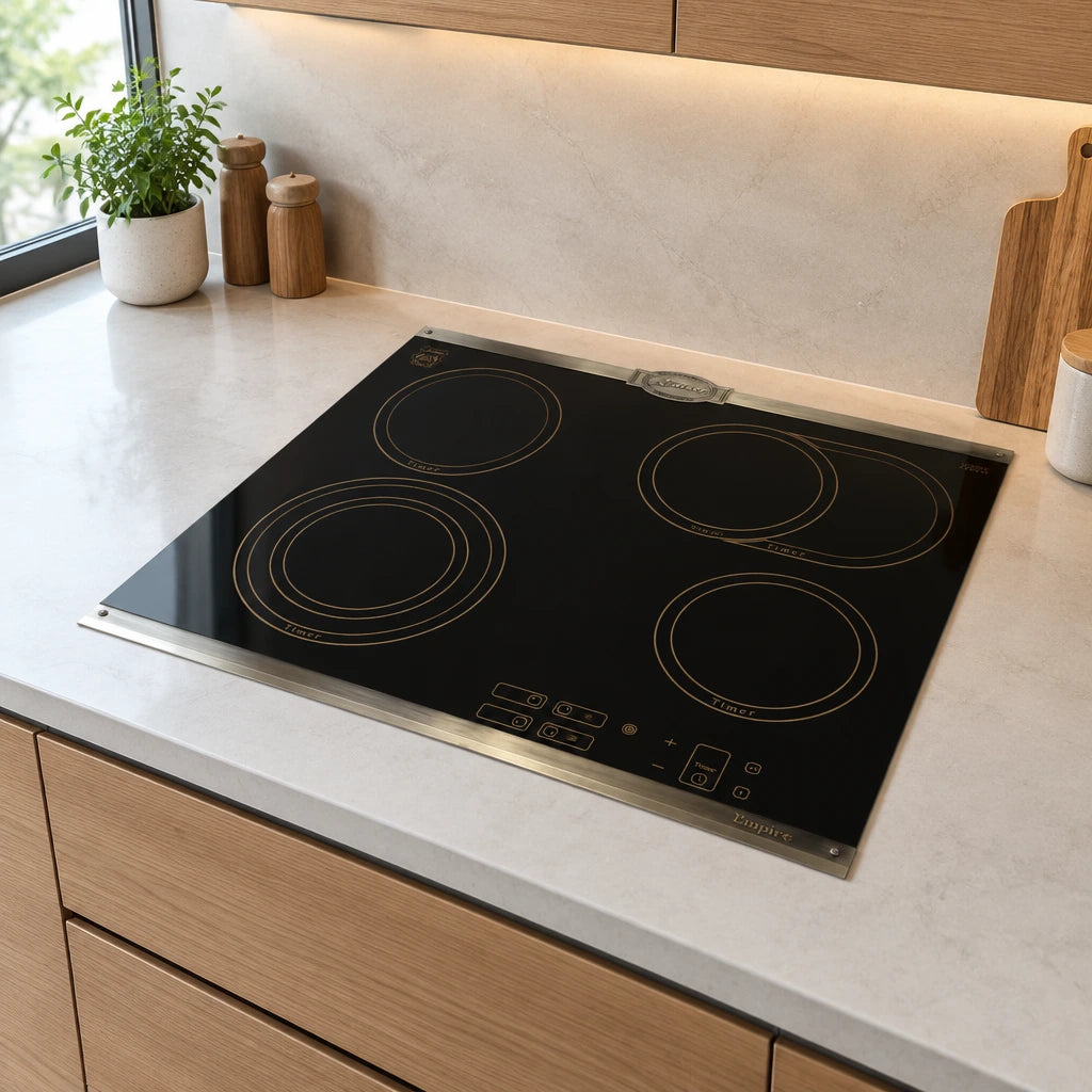 Kaiser four-zone black ceramic hob installed flush in a refined contemporary townhouse kitchen with bronze front and rear rails.