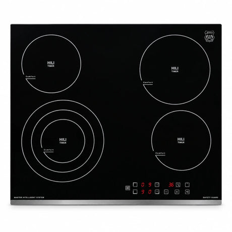 Kaiser Grand Chef 60cm black glass ceramic hob KCT 6703 F with four cooking zones and front sensor controls on white background.