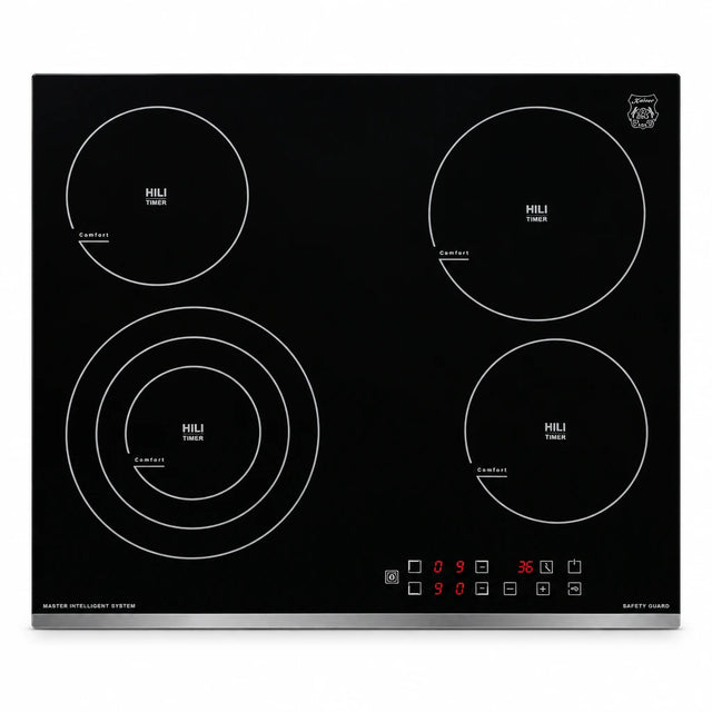 Kaiser Grand Chef 60cm black glass ceramic hob KCT 6703 F with four cooking zones and front sensor controls on white background.