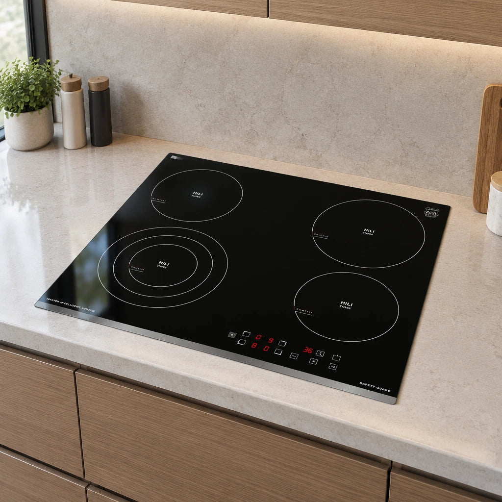 Kaiser four-zone black ceramic hob installed flush in a refined contemporary apartment kitchen.