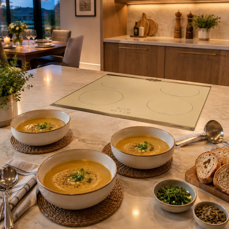Finished bowls of vegetable velouté ready beside the clean ivory Kaiser induction hob in a contemporary kitchen.