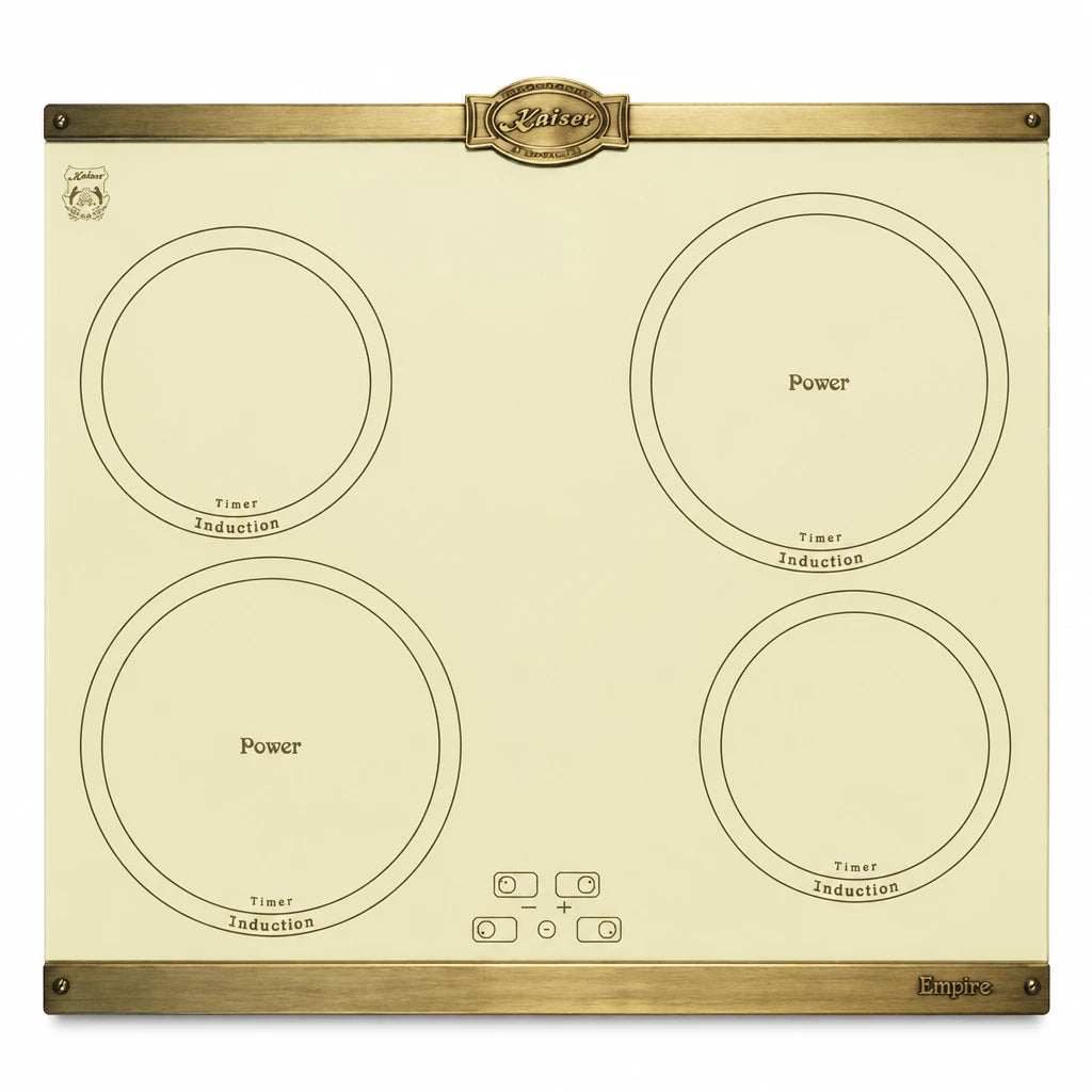 Kaiser Empire ivory 60cm induction hob with four marked cooking zones and metallic trim on a white background.