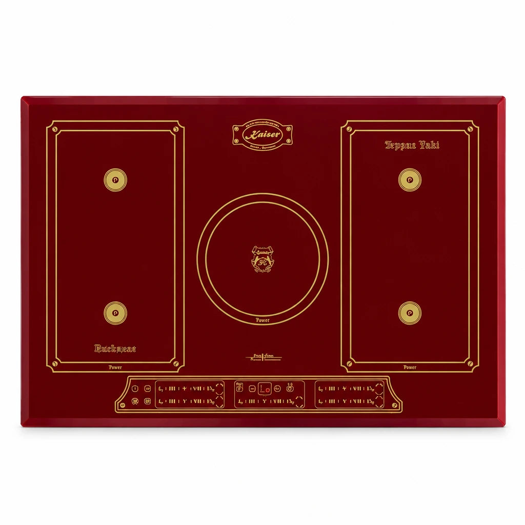 Kaiser Empire 77cm Bordeaux Red five-zone induction hob with Power Slide touch controls on a white background