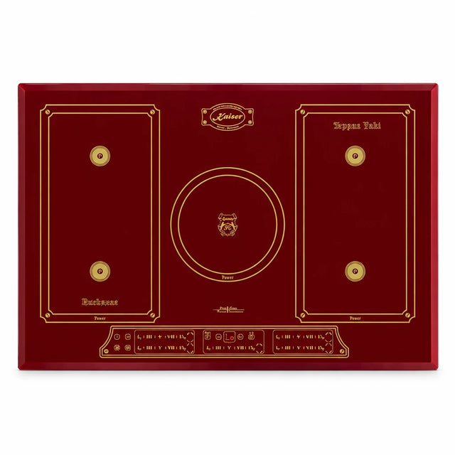 Kaiser Empire 77cm Bordeaux Red five-zone induction hob with Power Slide touch controls on a white background