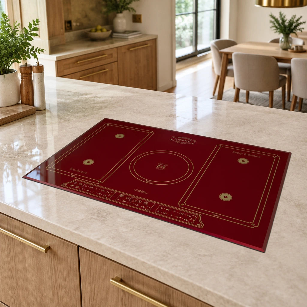 Bordeaux Red Kaiser Empire five-zone induction hob installed flush in a contemporary kitchen island