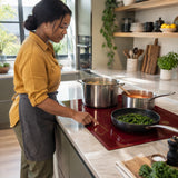 African American home cook adjusting the Kaiser Bordeaux Red induction hob while preparing stock, greens and sauce