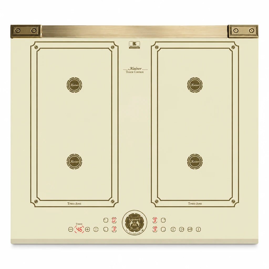 Kaiser Art Deco 60cm ivory and black four-zone Free Zone induction hob with touch controls on white background