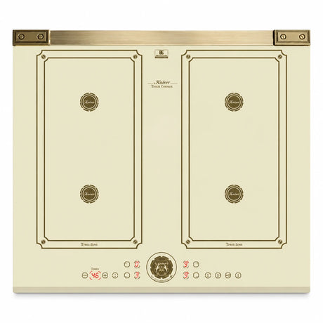 Kaiser Art Deco 60cm ivory and black four-zone Free Zone induction hob with touch controls on white background