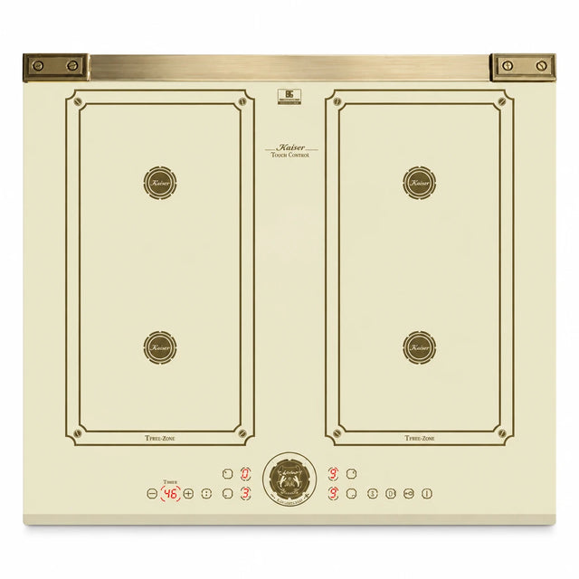 Kaiser Art Deco 60cm ivory and black four-zone Free Zone induction hob with touch controls on white background