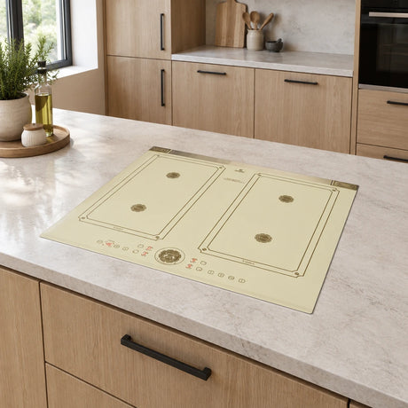 Ivory and black Kaiser Art Deco induction hob installed in a contemporary kitchen island