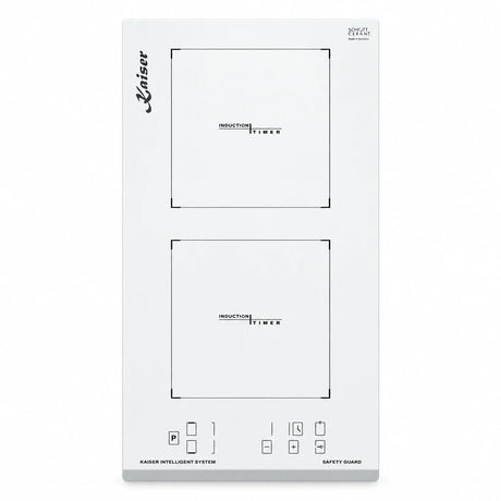 White Kaiser Grand Chef 30cm Domino induction hob with two cooking zones and front sensor controls on a clean studio background.