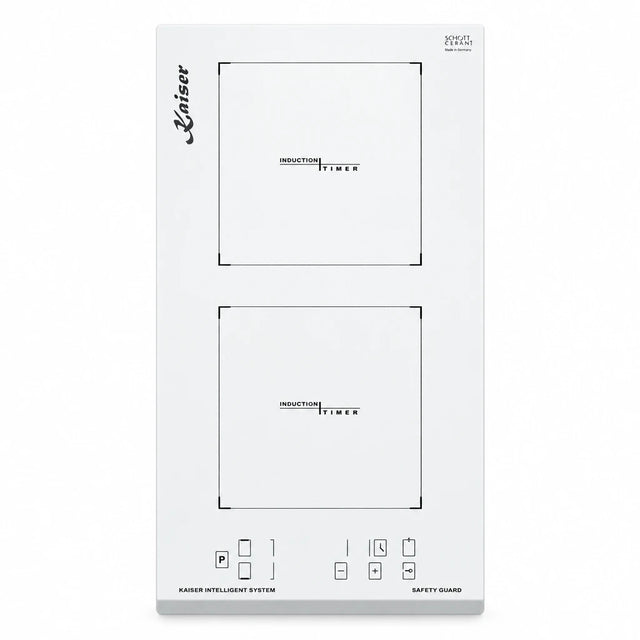 White Kaiser Grand Chef 30cm Domino induction hob with two cooking zones and front sensor controls on a clean studio background.