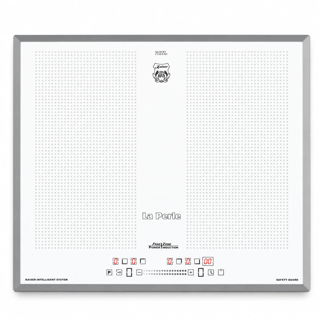 White Kaiser La Perle 60cm induction hob with four cooking zones and front Power Slide touch controls on a clean studio background.