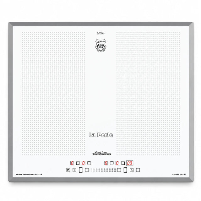 White Kaiser La Perle 60cm induction hob with four cooking zones and front Power Slide touch controls on a clean studio background.