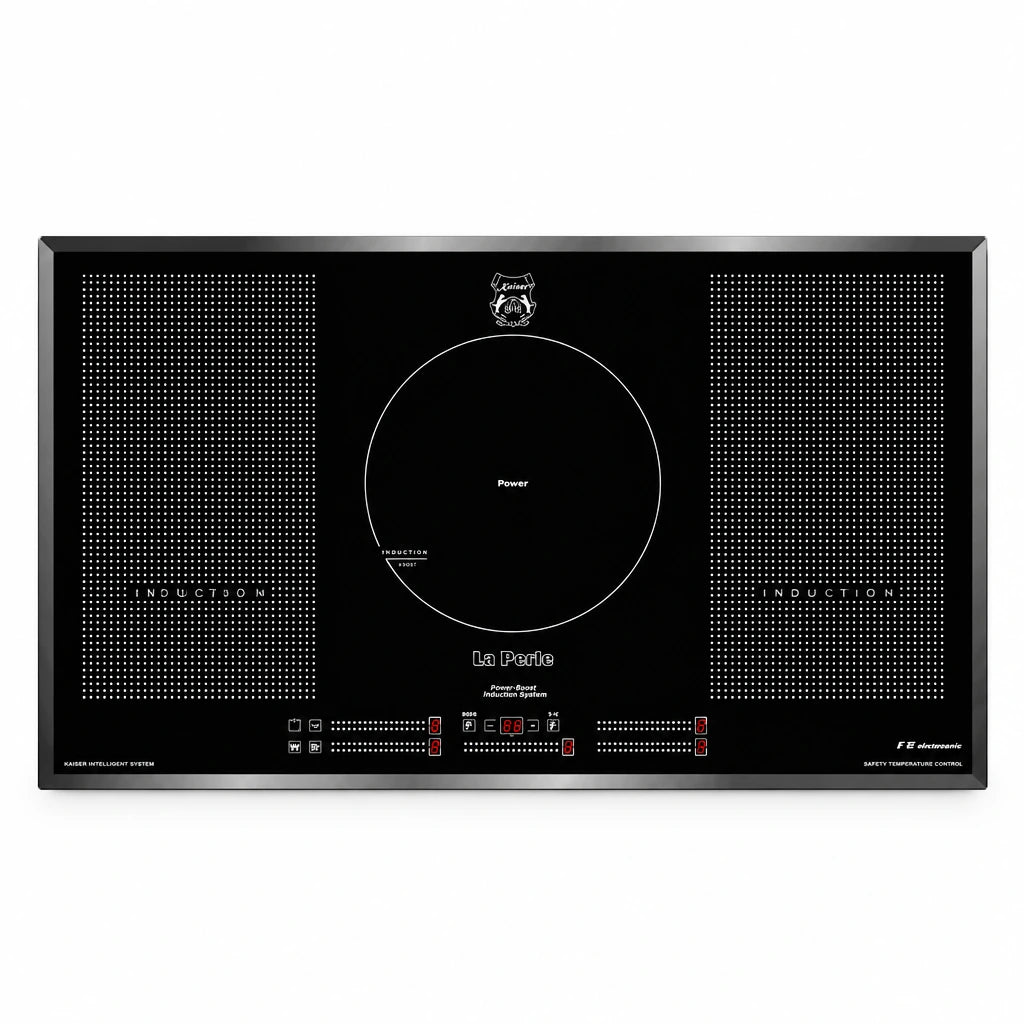 Kaiser La Perle KCT 97 FI 90cm black glass induction hob with five cooking zones and front touch controls on a white background.