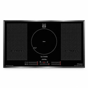 Kaiser La Perle KCT 97 FI 90cm black glass induction hob with five cooking zones and front touch controls on a white background.