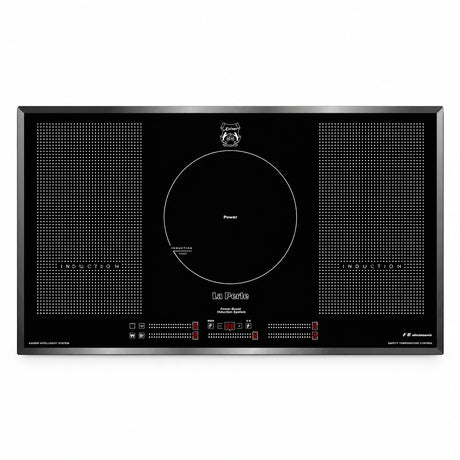 Kaiser La Perle KCT 97 FI 90cm black glass induction hob with five cooking zones and front touch controls on a white background.