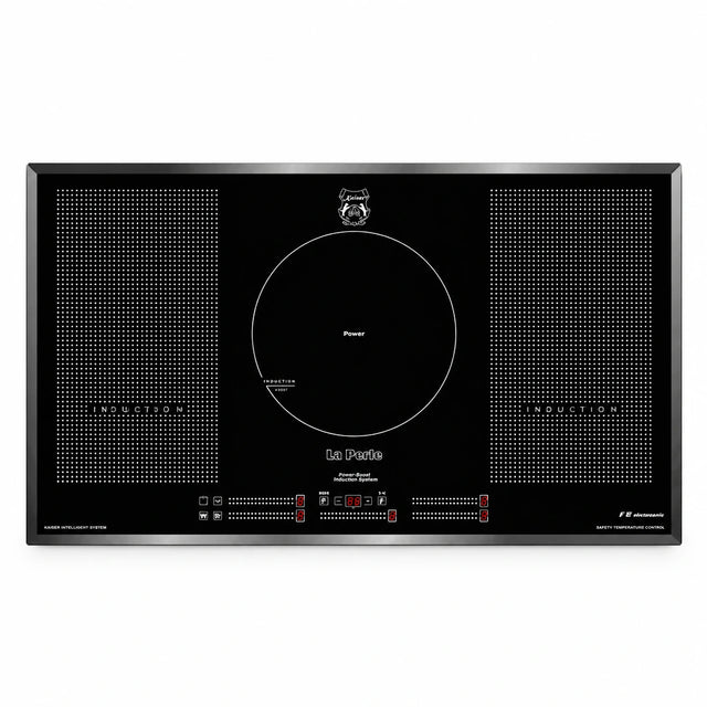 Kaiser La Perle KCT 97 FI 90cm black glass induction hob with five cooking zones and front touch controls on a white background.