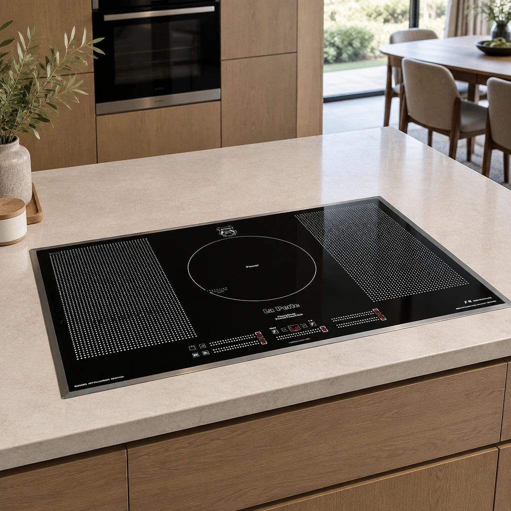 Kaiser La Perle five-zone black induction hob installed flush in a refined contemporary kitchen island.