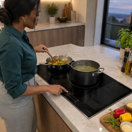 African American home cook adjusts the Kaiser La Perle induction hob while simmering a pot and sautéing vegetables.