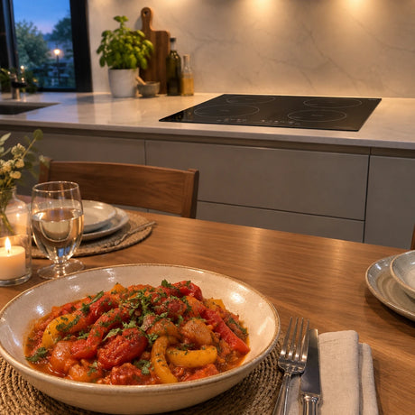 Finished one-pan dinner served beside the clean Kaiser induction hob in a contemporary kitchen-dining space.