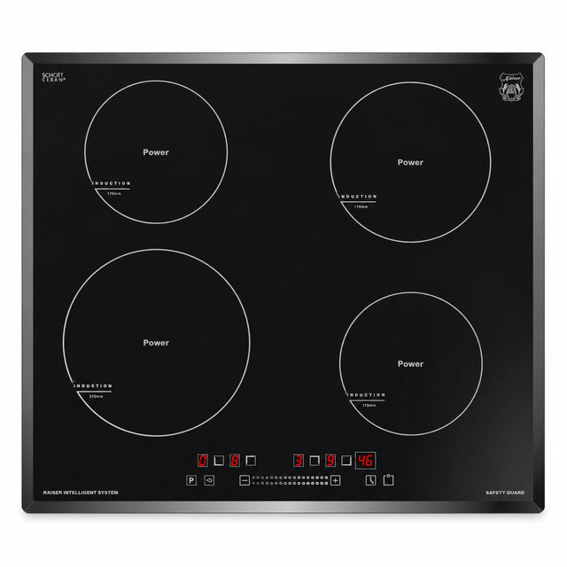 Kaiser Grand Chef KCT 6705 FI black 60cm induction hob with four QuickHeat cooking zones and touch controls on a white background.