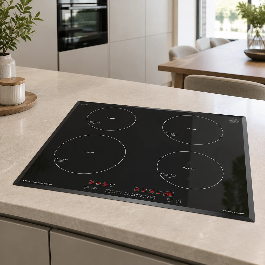 Kaiser black four-zone induction hob installed flush in a contemporary apartment kitchen peninsula.
