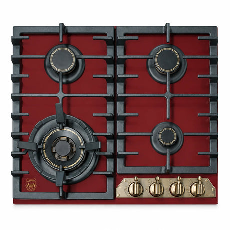 Kaiser Empire 60cm Bordeaux red four-burner gas hob with black grates and front controls on white background