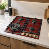 Bordeaux red Kaiser four-burner gas hob installed in a refined contemporary kitchen