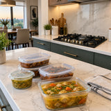 Finished vegetable stock portions rest beside the switched-off Kaiser Empire five-burner gas hob in a modern kitchen