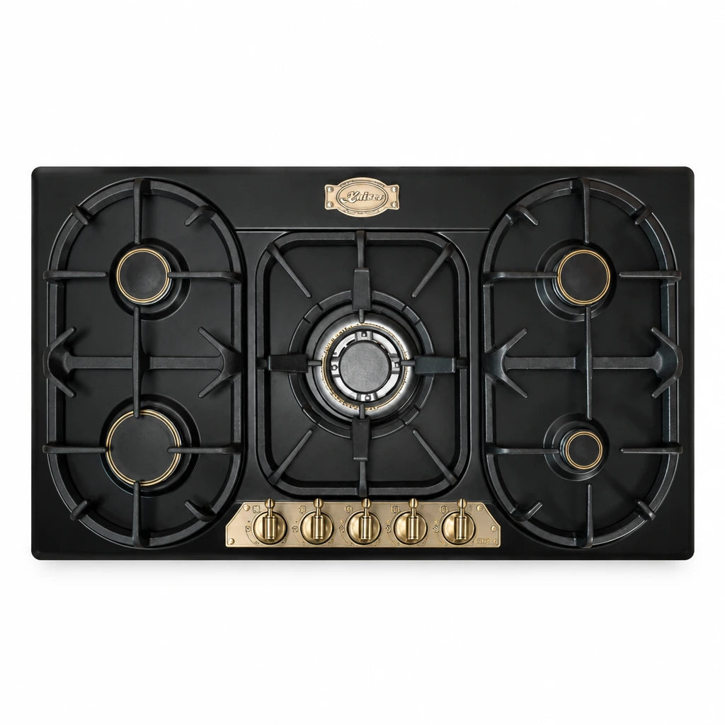 Kaiser Empire black and ivory 90cm gas hob with five burners and front-mounted control knobs on white background