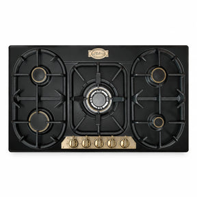 Kaiser Empire black and ivory 90cm gas hob with five burners and front-mounted control knobs on white background