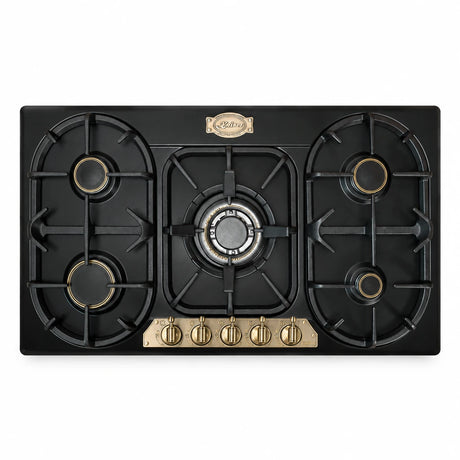 Kaiser Empire black and ivory 90cm gas hob with five burners and front-mounted control knobs on white background